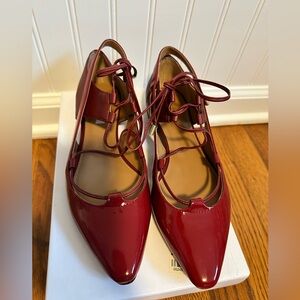 Calvin Klein red patent leather tie flats